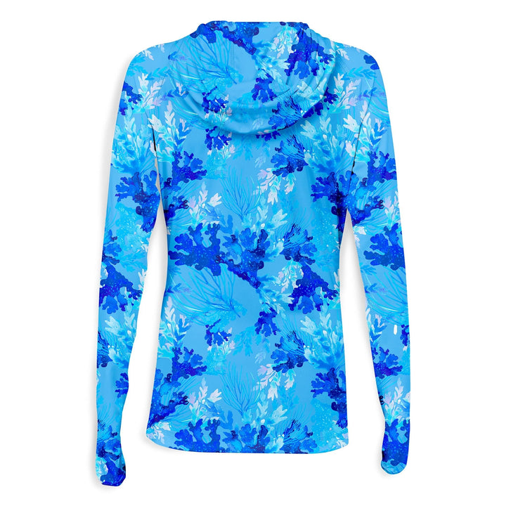 Light blue Coral Tropics women's performance hooded long sleeve shirt with a hood and fitted design by Scalesgear.com