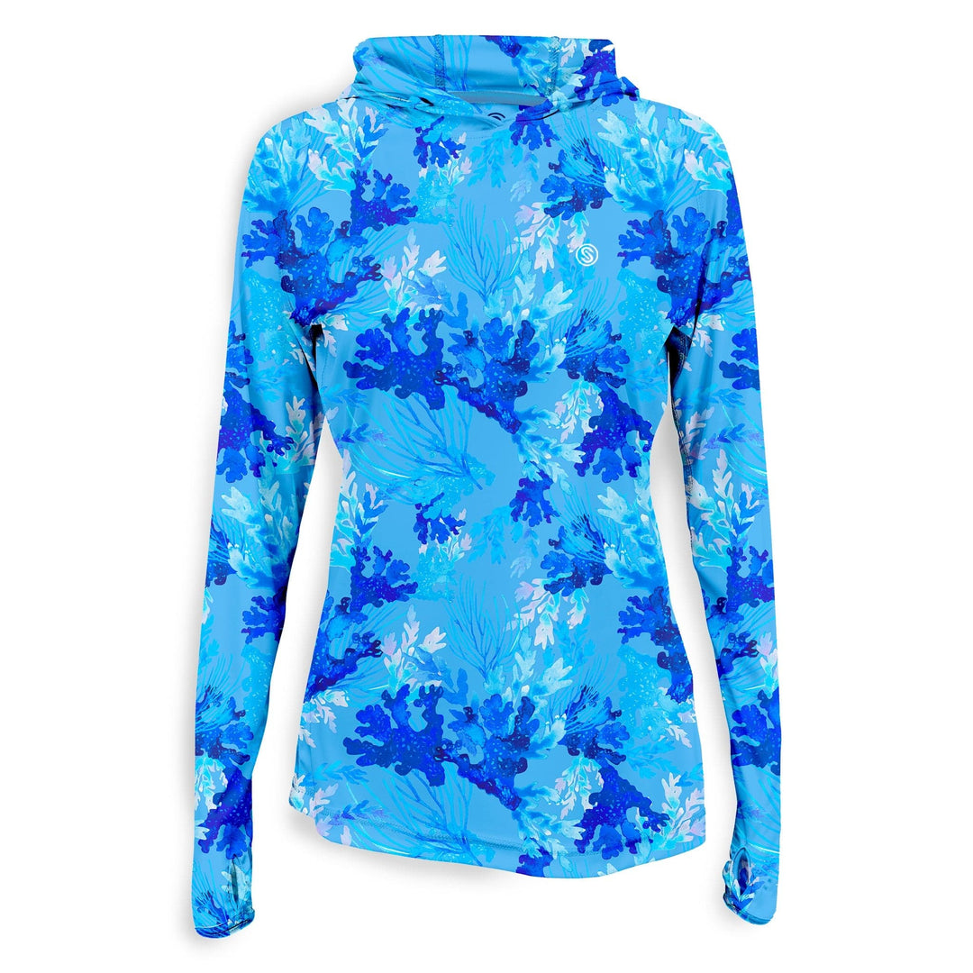Light blue women's Coral Tropics performance hooded long sleeve top by Scalesgear.com, featuring a comfortable hood and sleek design.
