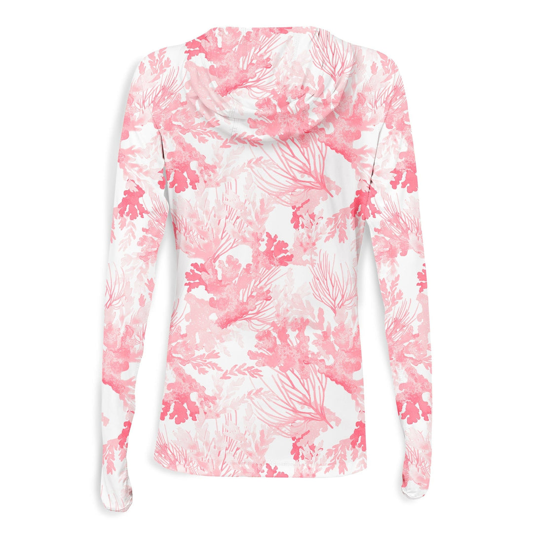 White coral women's performance hooded long sleeve shirt by Scalesgear, featuring a comfortable hood and lightweight fabric.