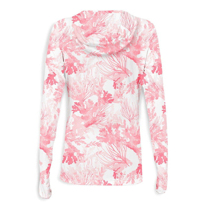 White coral women's performance hooded long sleeve shirt by Scalesgear, featuring a comfortable hood and lightweight fabric.