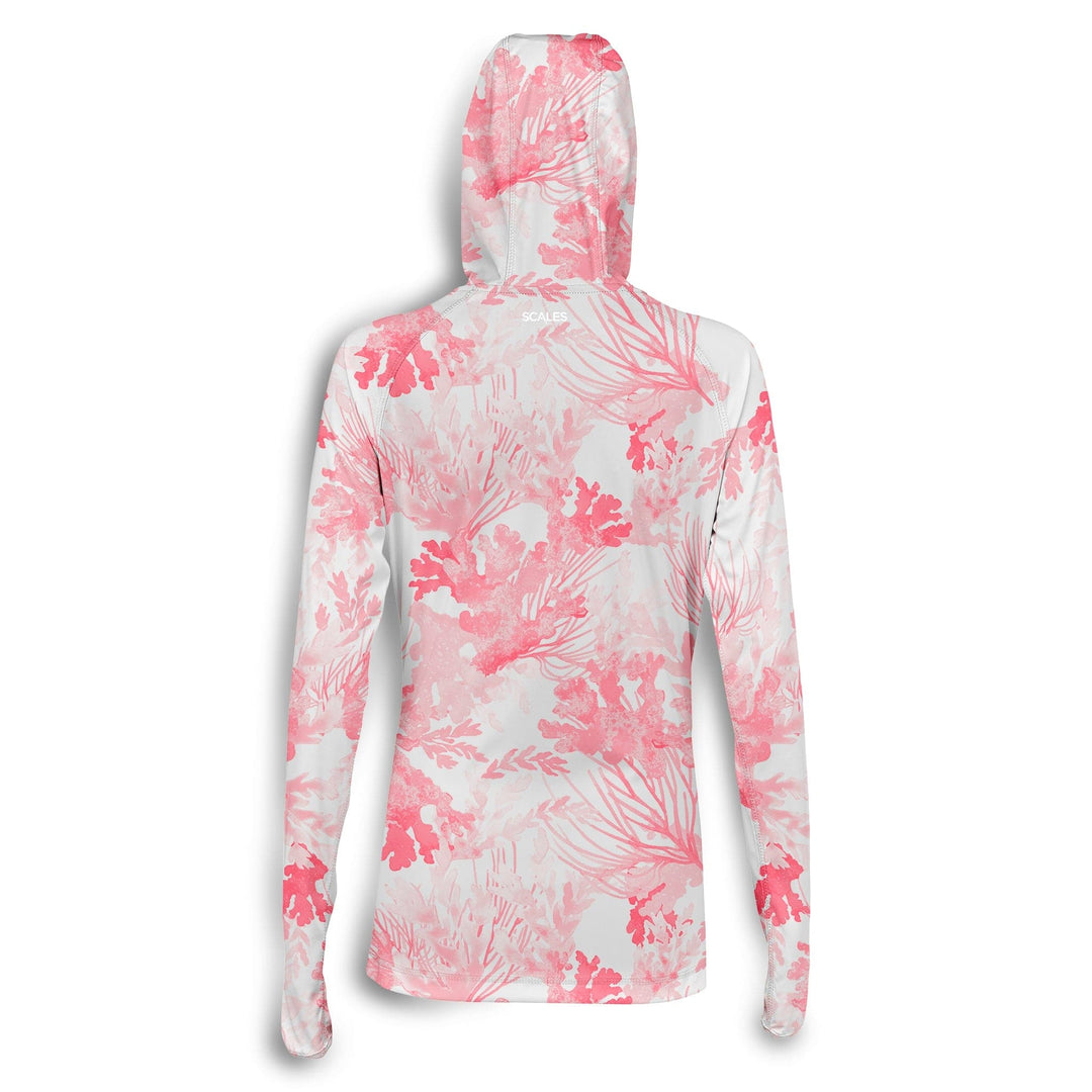 White coral women's performance hooded long sleeve shirt by Scalesgear.com, featuring a comfortable hood and lightweight fabric.