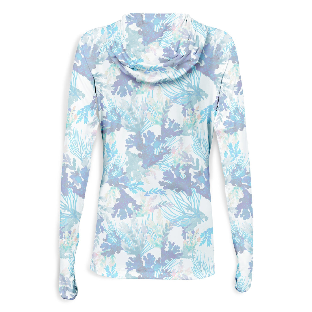 White Coral Tropics women's hooded performance long sleeve shirt by Scalesgear.com, shown with hood and long sleeves.