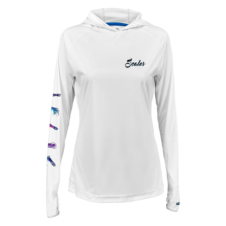 White women's performance hooded long sleeve shirt by Lures Of The Seas, designed for active wear, with a comfortable fit and hood.