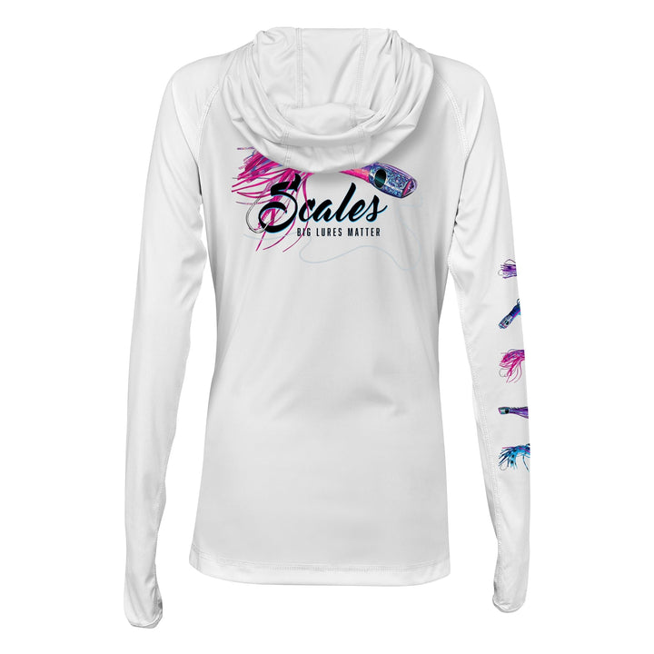 White women's performance hooded long sleeve shirt from Lures Of The Seas by Scalesgear.com, featuring a comfortable hood and lightweight fabric.