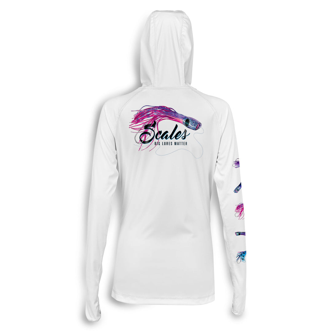 White women's performance hooded long sleeve shirt from Lures Of The Seas by Scalesgear.com, featuring a comfortable, sporty design.