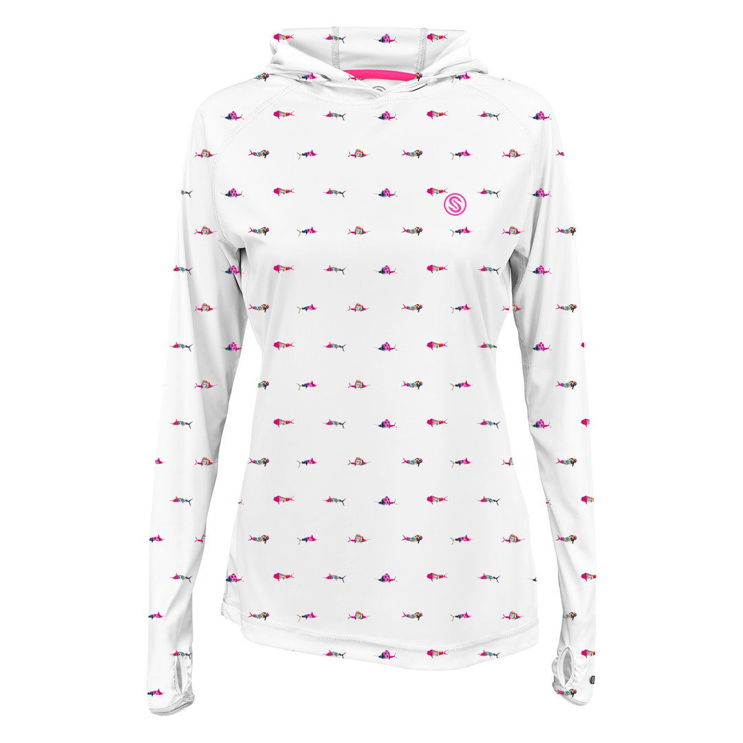 White women's performance hooded long sleeve shirt by Scalesgear with a colorful trippy fish design on the front.