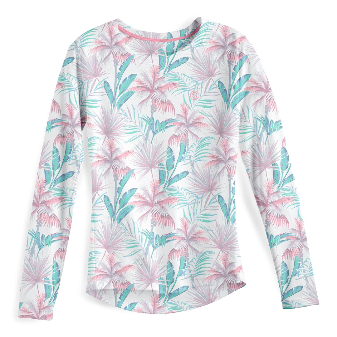 White women's performance long sleeve shirt from Palm City by Scalesgear.com, designed for active wear and comfort.
