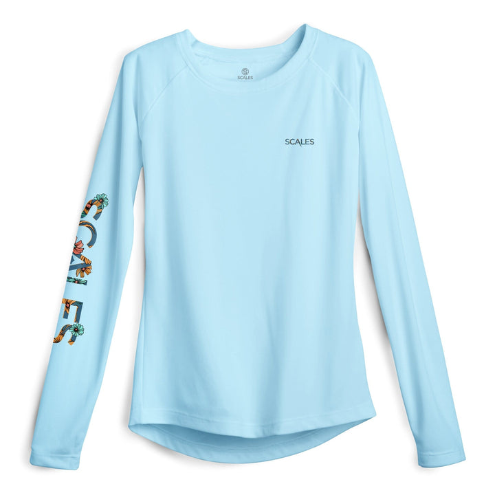 Blue women's performance long sleeve shirt by Scalesgear.com, designed for active wear and comfortable fit.