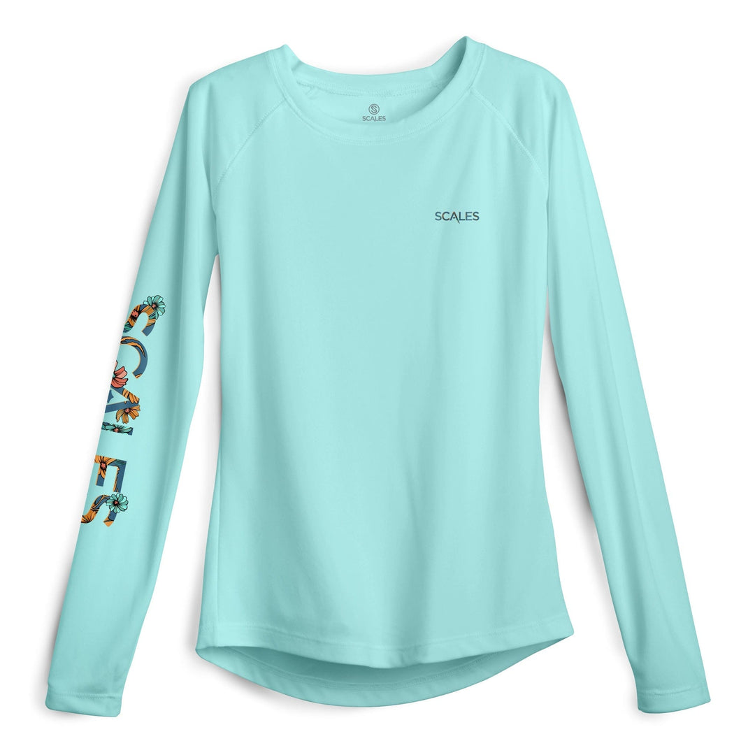 Seafoam green women's performance long sleeve shirt by Scalesgear, designed for active wear and outdoor activities.