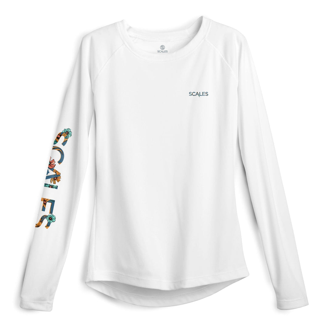 White women's performance long sleeve shirt by Scalesgear.com, designed for active wear and athletic comfort.