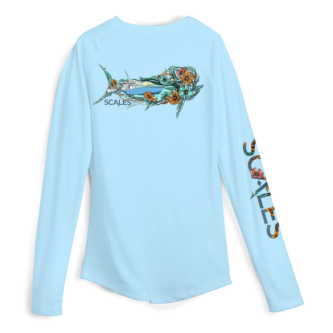 Light blue women's performance long sleeve shirt by Scalesgear.com with fitted design and moisture-wicking fabric.