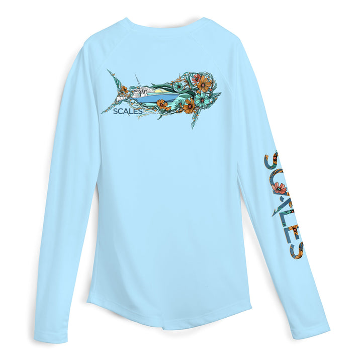 Light blue women's performance long sleeve shirt by Scalesgear.com with fitted design and moisture-wicking fabric.