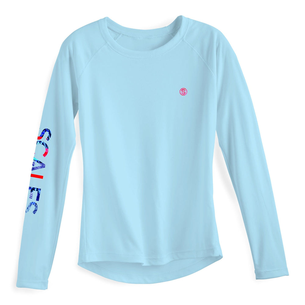 Light blue women's performance long sleeve top by Scalesgear.com from the Epic Trip collection, shown on a white background.