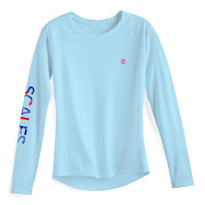 Light blue women's performance long sleeve top by Scalesgear.com from the Epic Trip collection, shown on a white background.
