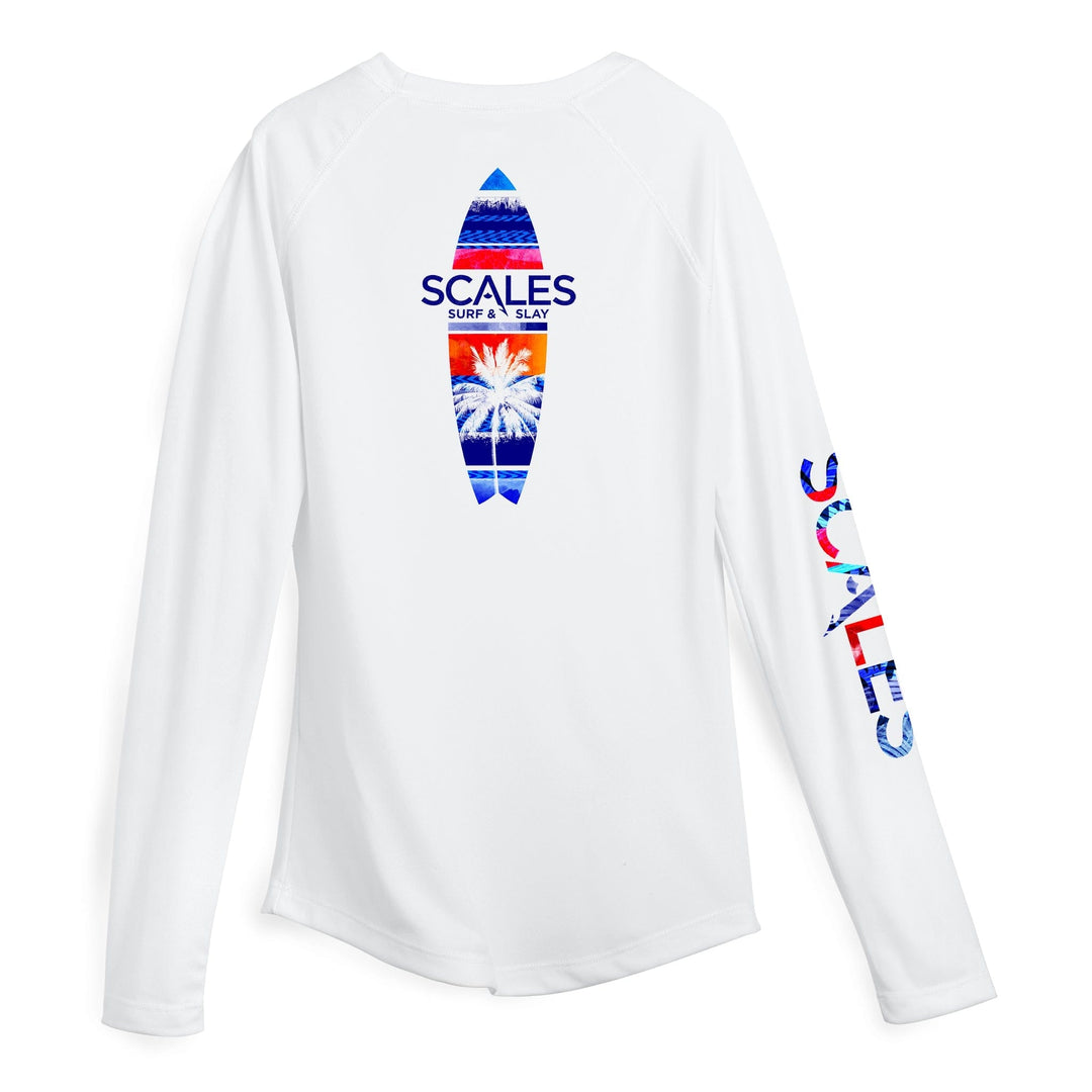 White women's performance long sleeve shirt by Scalesgear, designed for active wear and outdoor activities.
