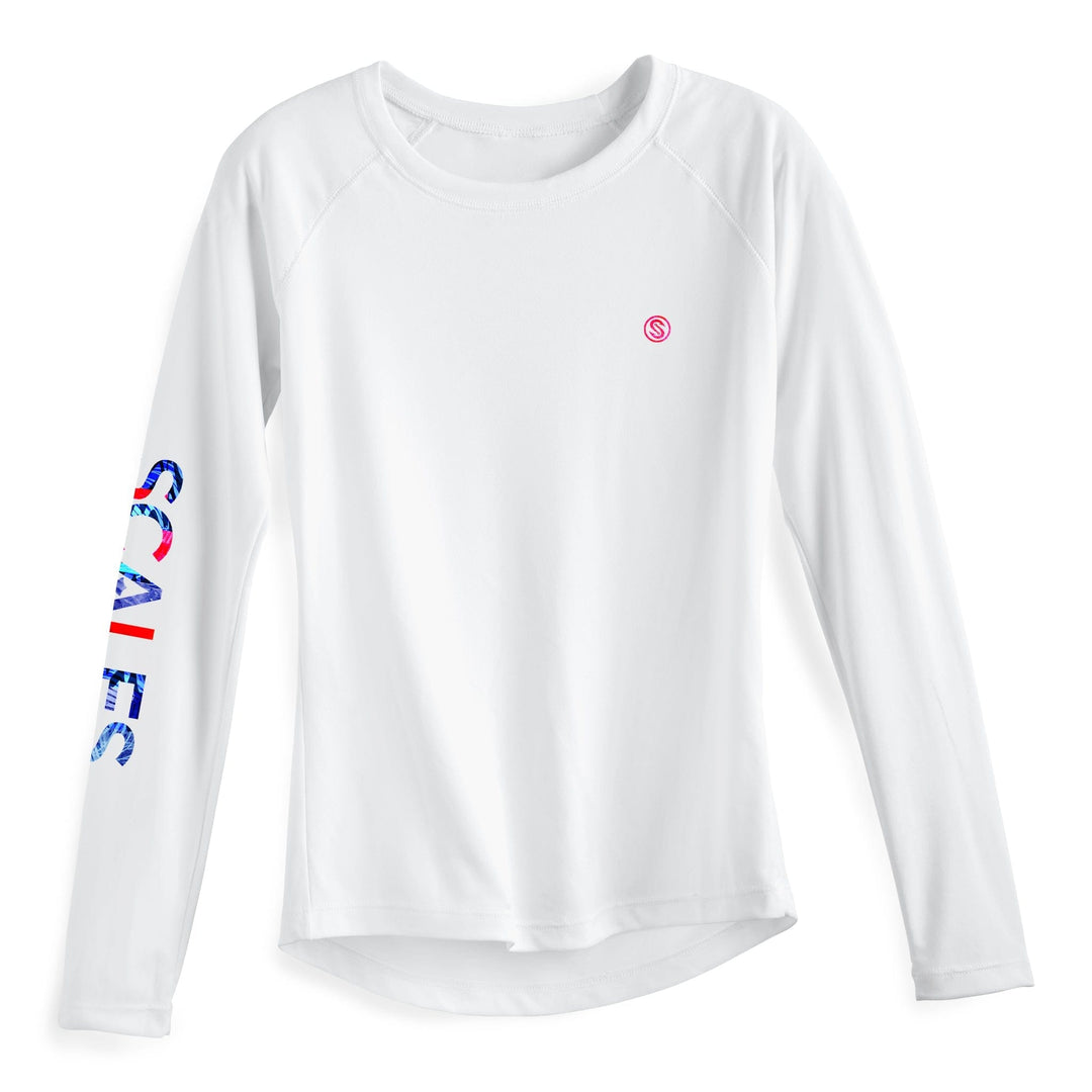 White women's performance long sleeve shirt from Epic Trip collection by Scalesgear.com, designed for active wear.