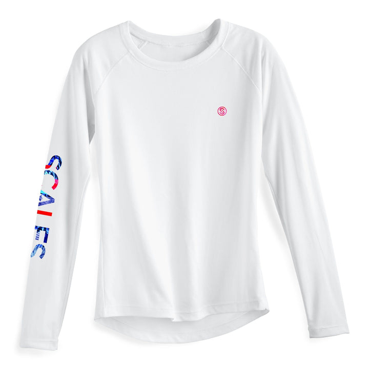 White women's performance long sleeve shirt from Epic Trip collection by Scalesgear.com, designed for active wear.