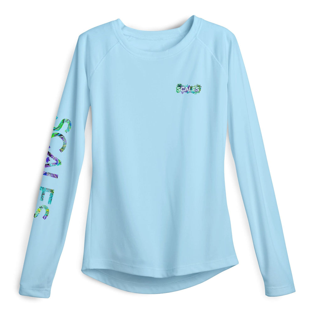 Light blue Sail Away women's performance long sleeve shirt by Scalesgear.com, featuring lightweight, breathable fabric for active wear.