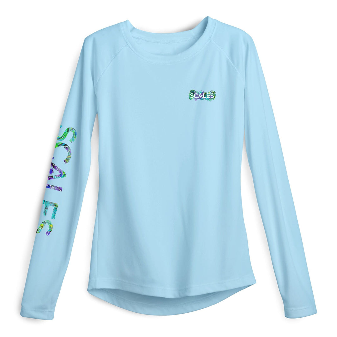 Light blue Sail Away women's performance long sleeve shirt by Scalesgear.com, featuring lightweight, breathable fabric for active wear.