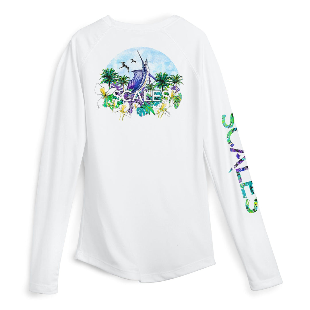 Light blue women's performance long sleeve shirt from Scalesgear.com with sail away design, ideal for active wear.