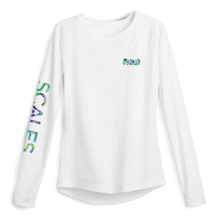 Light blue women's performance long sleeve shirt by Scalesgear.com with sail away graphic, designed for active wear.