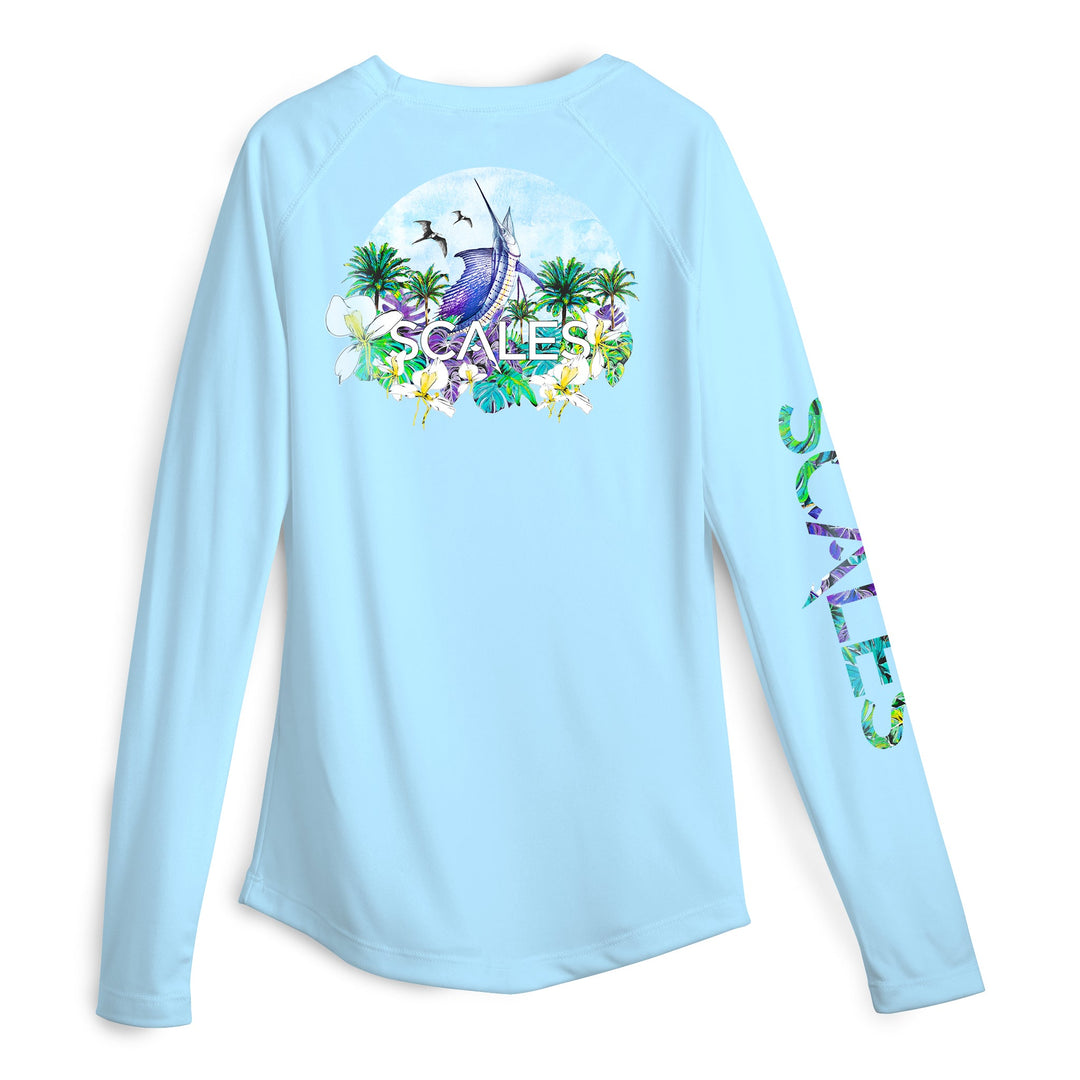 Light blue women's performance long sleeve shirt with sail away design by Scalesgear.com, ideal for activewear and outdoor activities.
