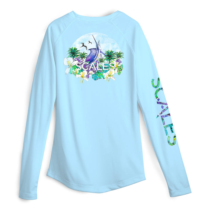 Light blue women's performance long sleeve shirt with sail away design by Scalesgear.com, ideal for activewear and outdoor activities.