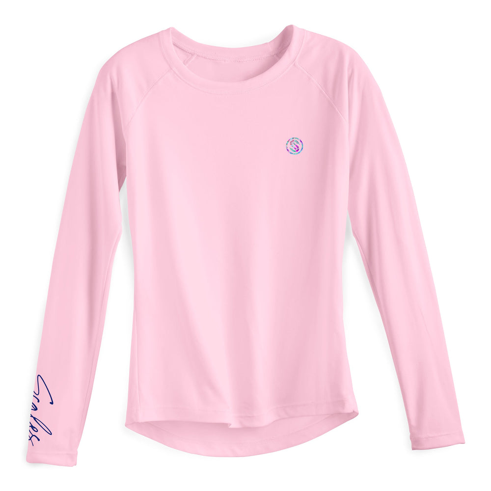Pink women's performance long sleeve top by Scalesgear.com with fitted design and breathable fabric, ideal for active wear.