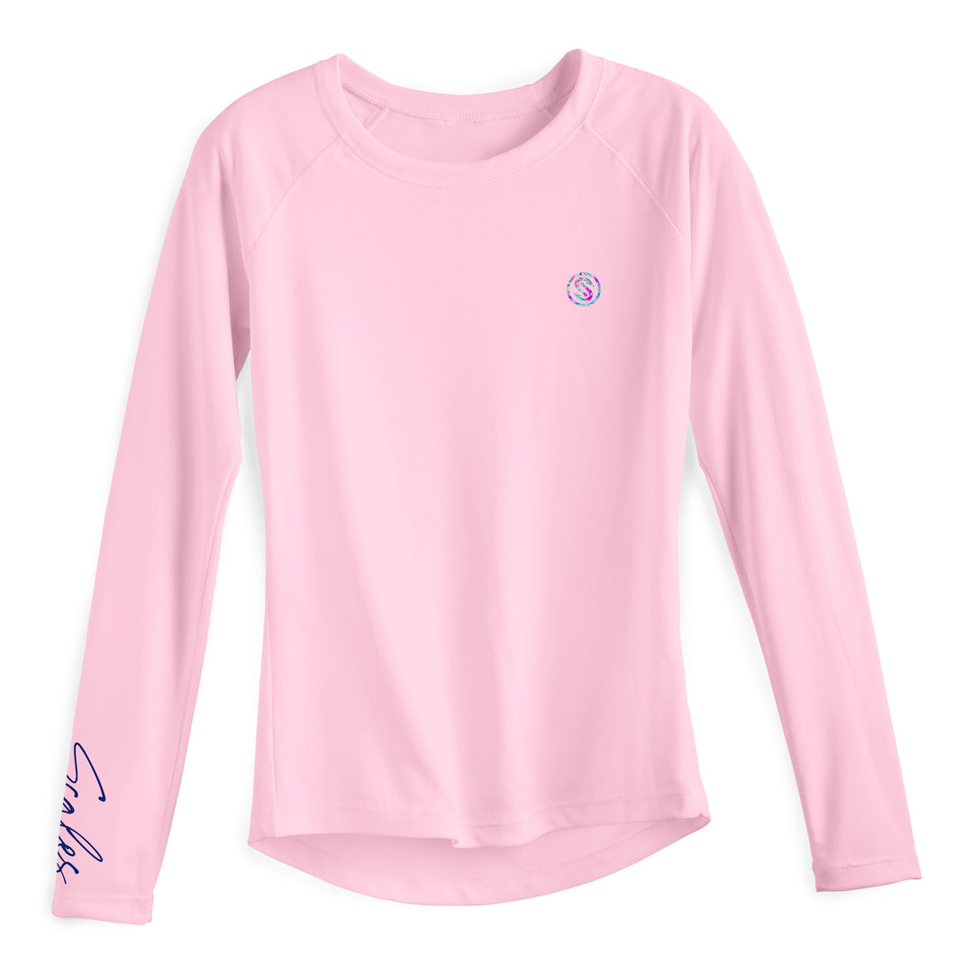 Pink women's performance long sleeve top by Scalesgear.com with fitted design and breathable fabric, ideal for active wear.
