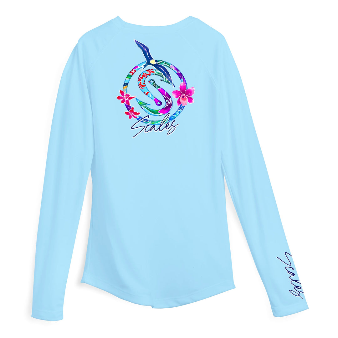 Light blue women's performance long sleeve shirt by Scalesgear.com, featuring a comfortable fit and moisture-wicking fabric.