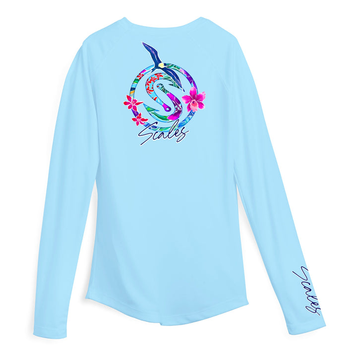 Light blue women's performance long sleeve shirt by Scalesgear.com, featuring a comfortable fit and moisture-wicking fabric.