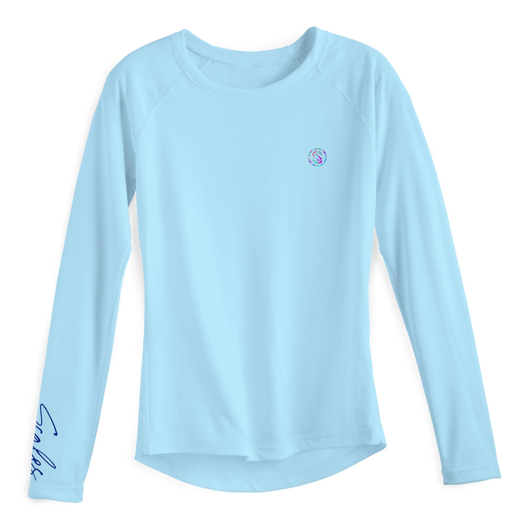 Light blue women's performance long sleeve shirt by Scalesgear.com with a fitted design and moisture-wicking fabric.