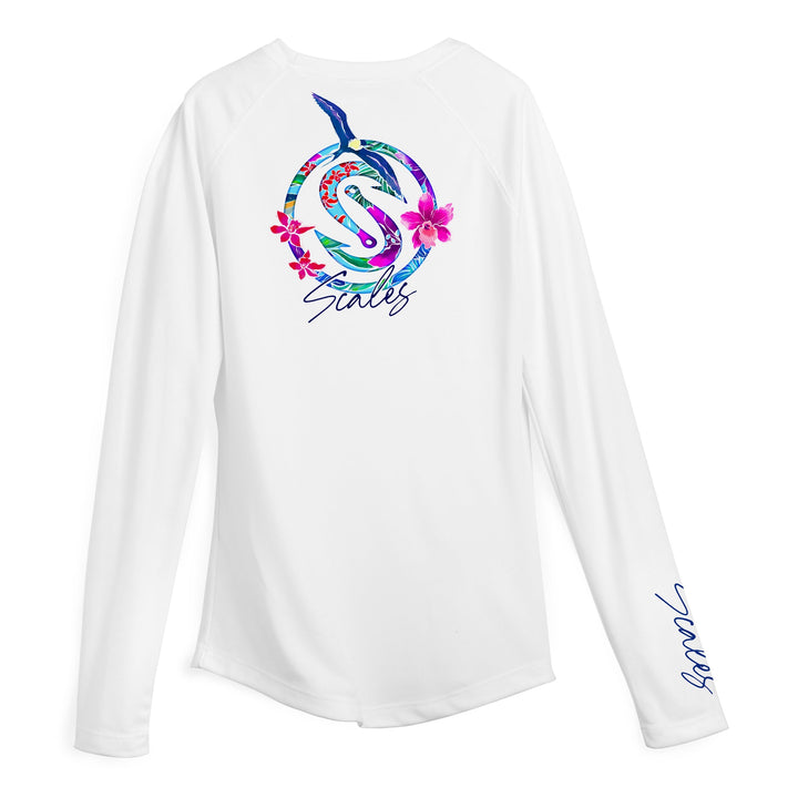 White women's performance long sleeve shirt from Scalesgear's Frigate Paradise collection, featuring comfortable, athletic design.