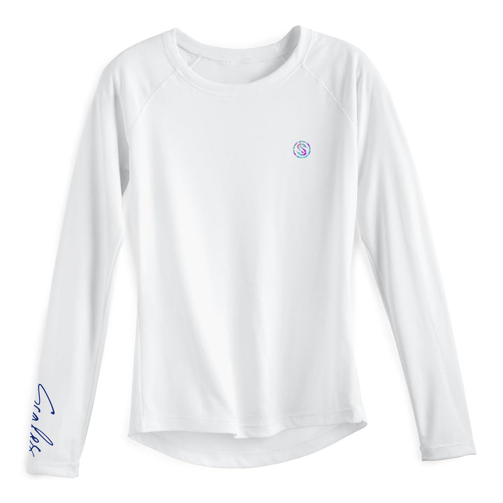 White women's performance long sleeve shirt from Scalesgear's Frigate Paradise collection, designed for active wear.
