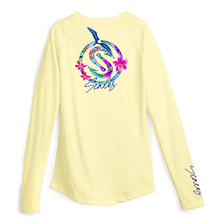 Yellow women's performance long sleeve top by Scalesgear.com, featuring breathable fabric and a fitted design.