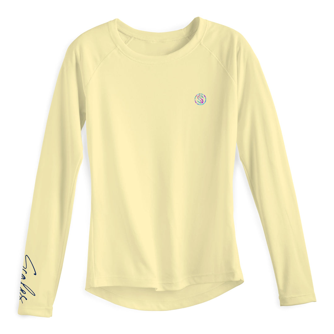 Yellow women's performance long sleeve shirt by Scalesgear.com, featuring a fitted design and moisture-wicking fabric.