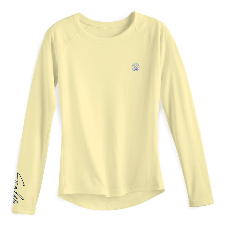 Yellow women's performance long sleeve shirt by Scalesgear.com, featuring a fitted design and moisture-wicking fabric.