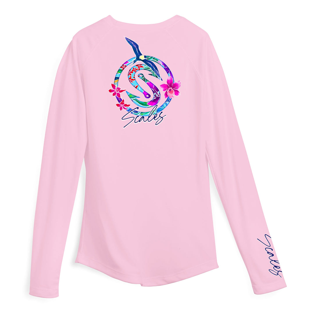 Pink women's performance long sleeve shirt by Scalesgear.com, featuring a sleek fit and breathable fabric for active wear.