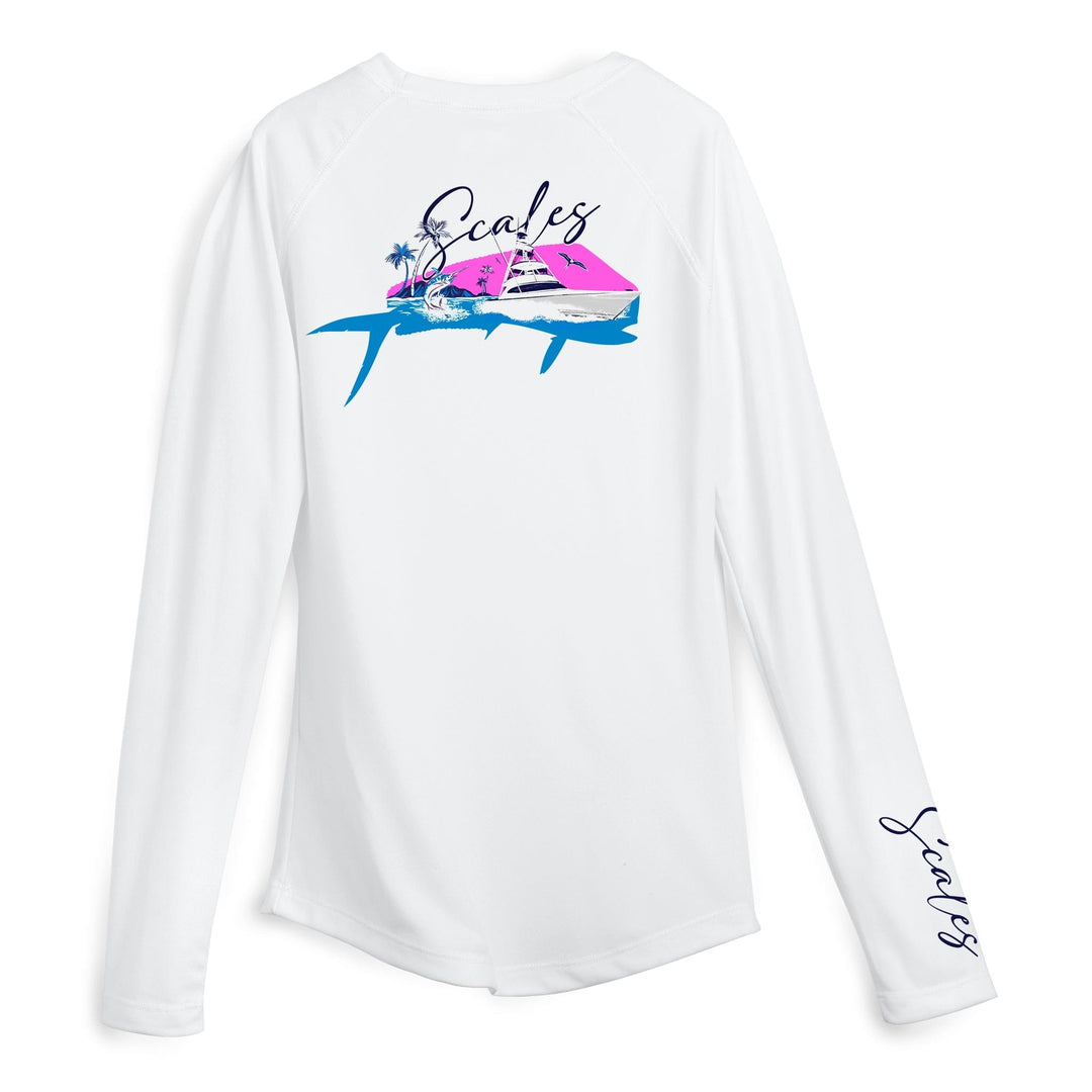 Light pink women's performance long sleeve shirt with Mahi Slam design by Scalesgear.com, suitable for active wear.