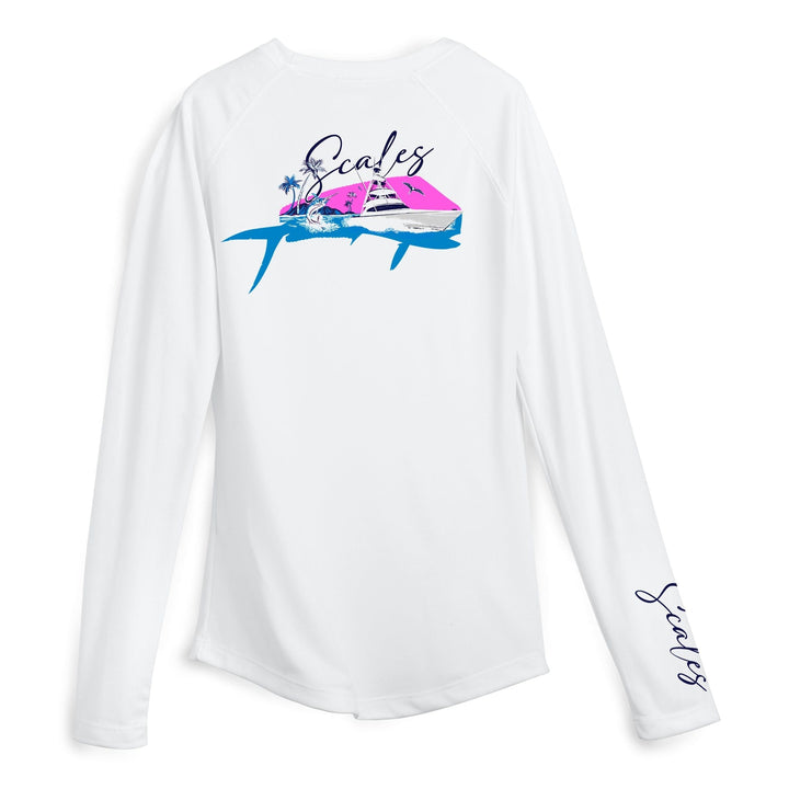 Light pink women's performance long sleeve shirt with Mahi Slam design by Scalesgear.com, suitable for active wear.