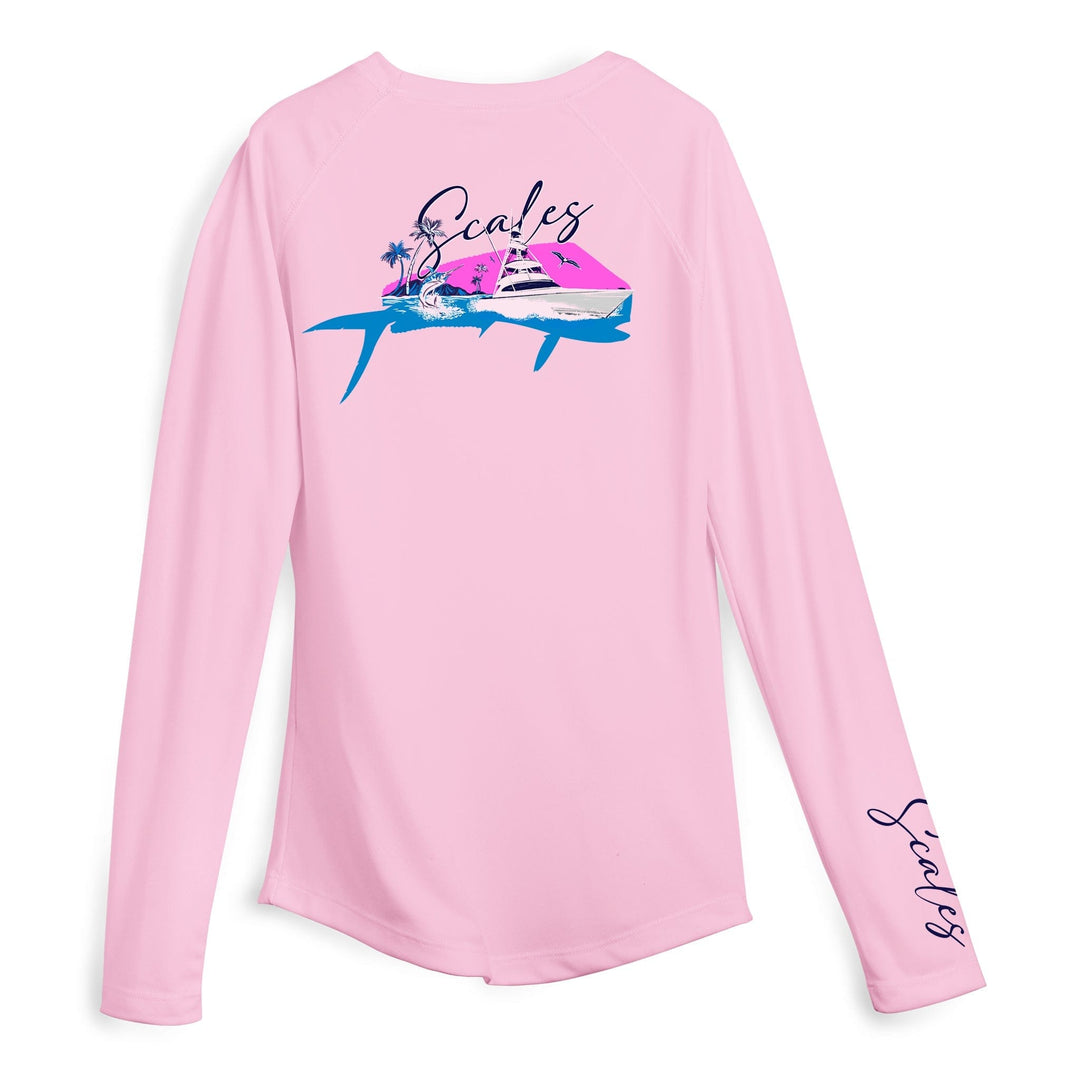 Light pink women's performance long sleeve shirt by Scalesgear.com featuring Mahi Slam design for active wear.