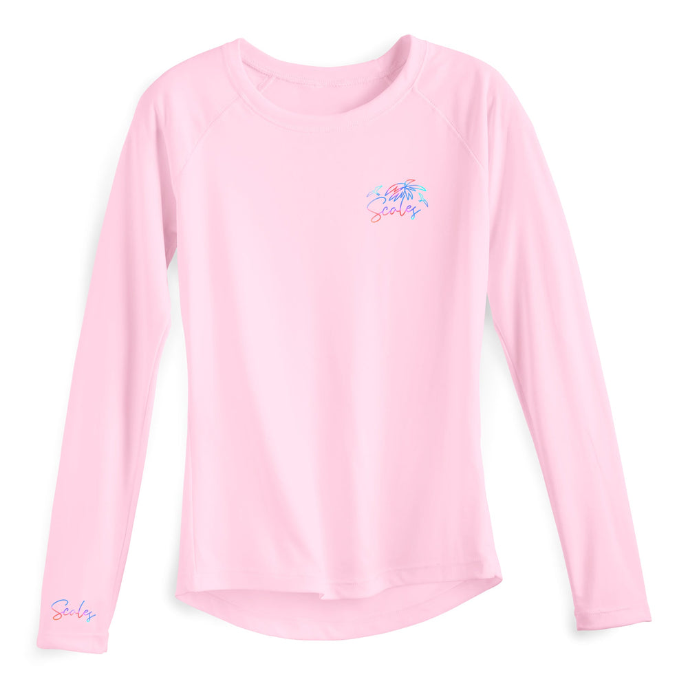 Pink women's performance long sleeve top from Salt Scales, featuring a fitted design and breathable fabric for active wear.