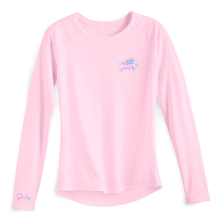 Pink women's performance long sleeve top from Salt Scales, featuring a fitted design and breathable fabric for active wear.