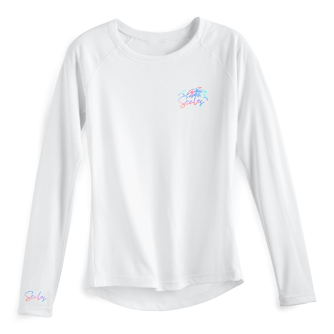 White women's performance long sleeve top by Salt Scales, featuring a fitted design and breathable fabric for active wear.