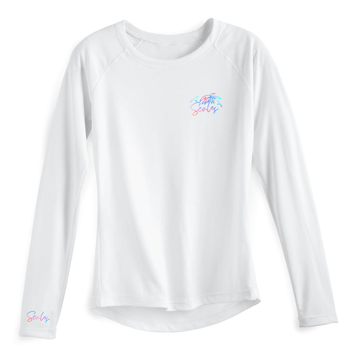 White women's performance long sleeve top by Salt Scales, featuring a fitted design and breathable fabric for active wear.