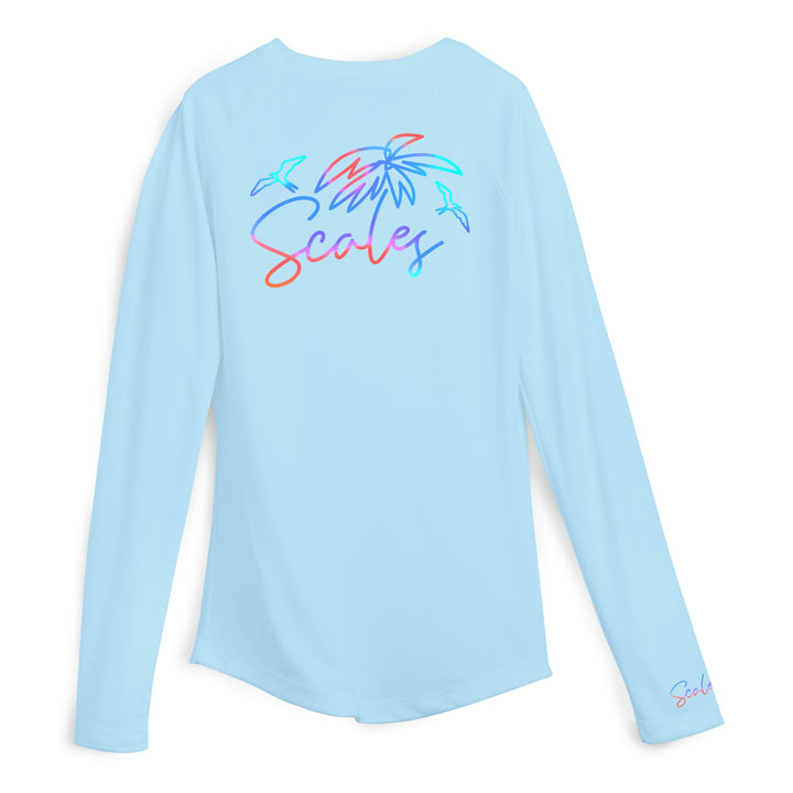 Blue women's performance long sleeve shirt by Scalesgear, featuring sleek fabric and fitted design for active wear.