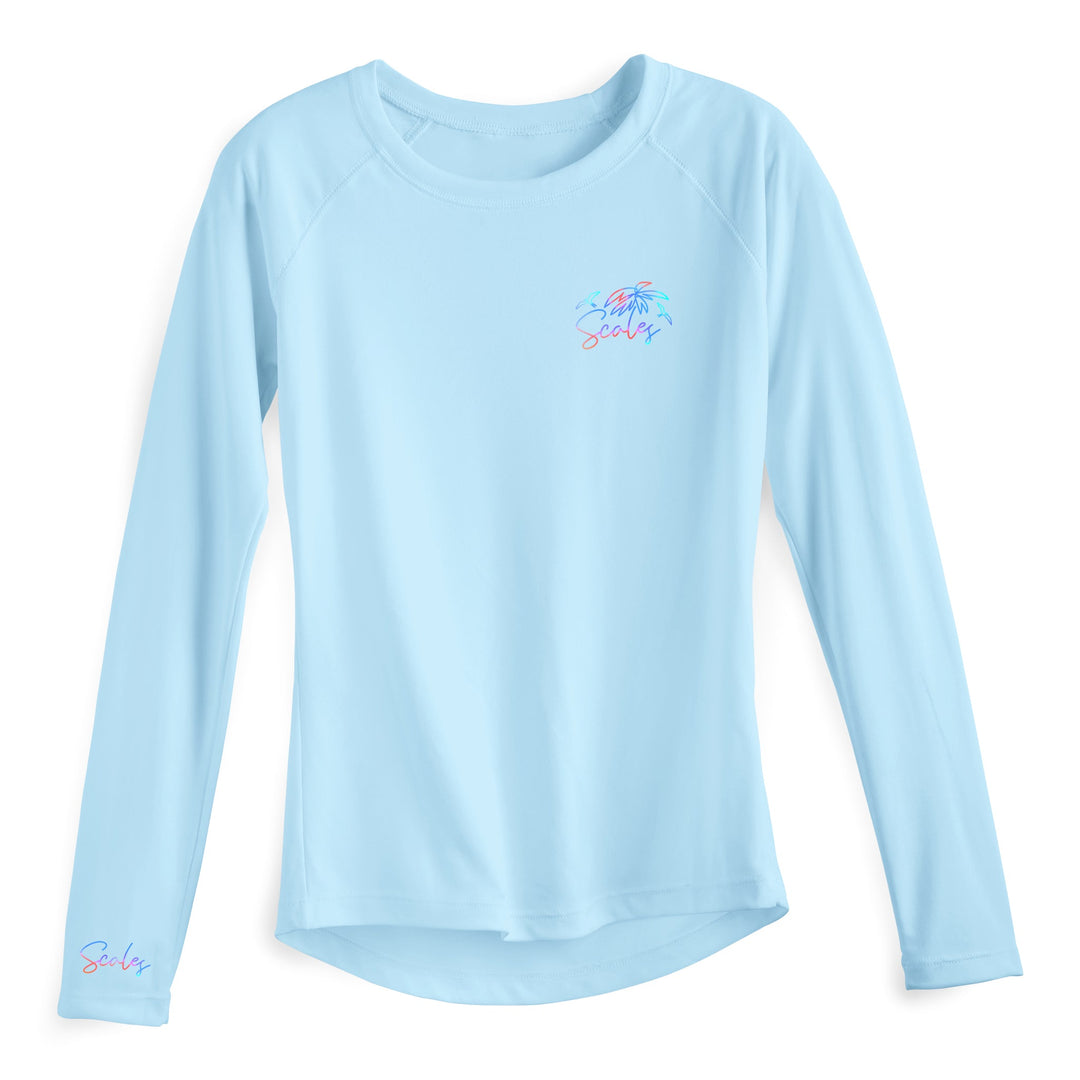 Blue women's performance long sleeve top by Salt Scales, featuring a fitted design and breathable fabric for active wear.