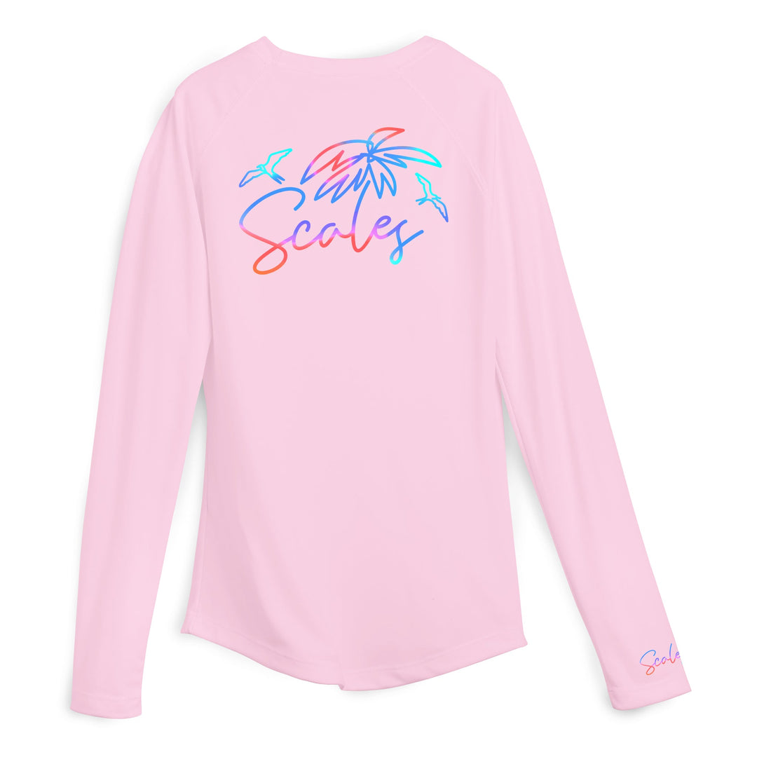 Pink women's performance long sleeve top by Scalesgear.com, featuring a sleek fit and lightweight fabric for active wear.
