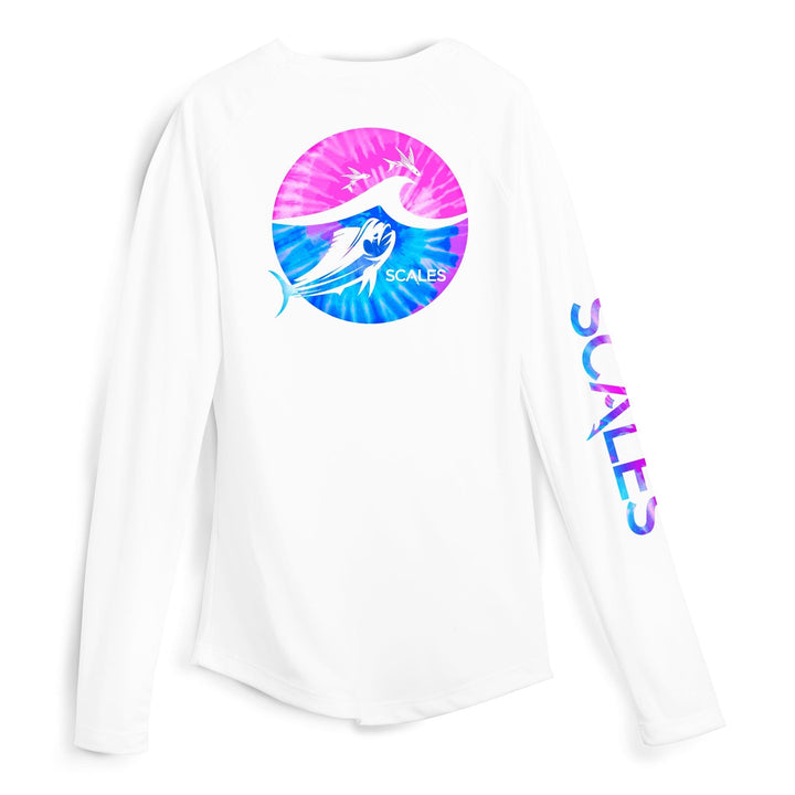 Light pink women's performance long sleeve shirt with Tide Dye Flyer design by Scalesgear.com, ideal for active wear.