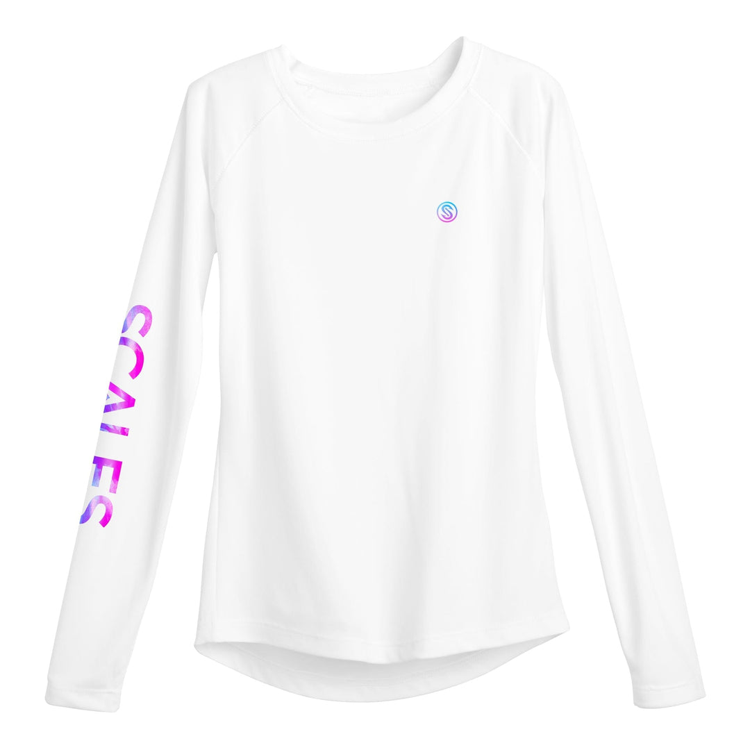 Light pink Tide Dye Flyer women's performance long sleeve shirt by Scalesgear.com, designed for active wear and athletic style.